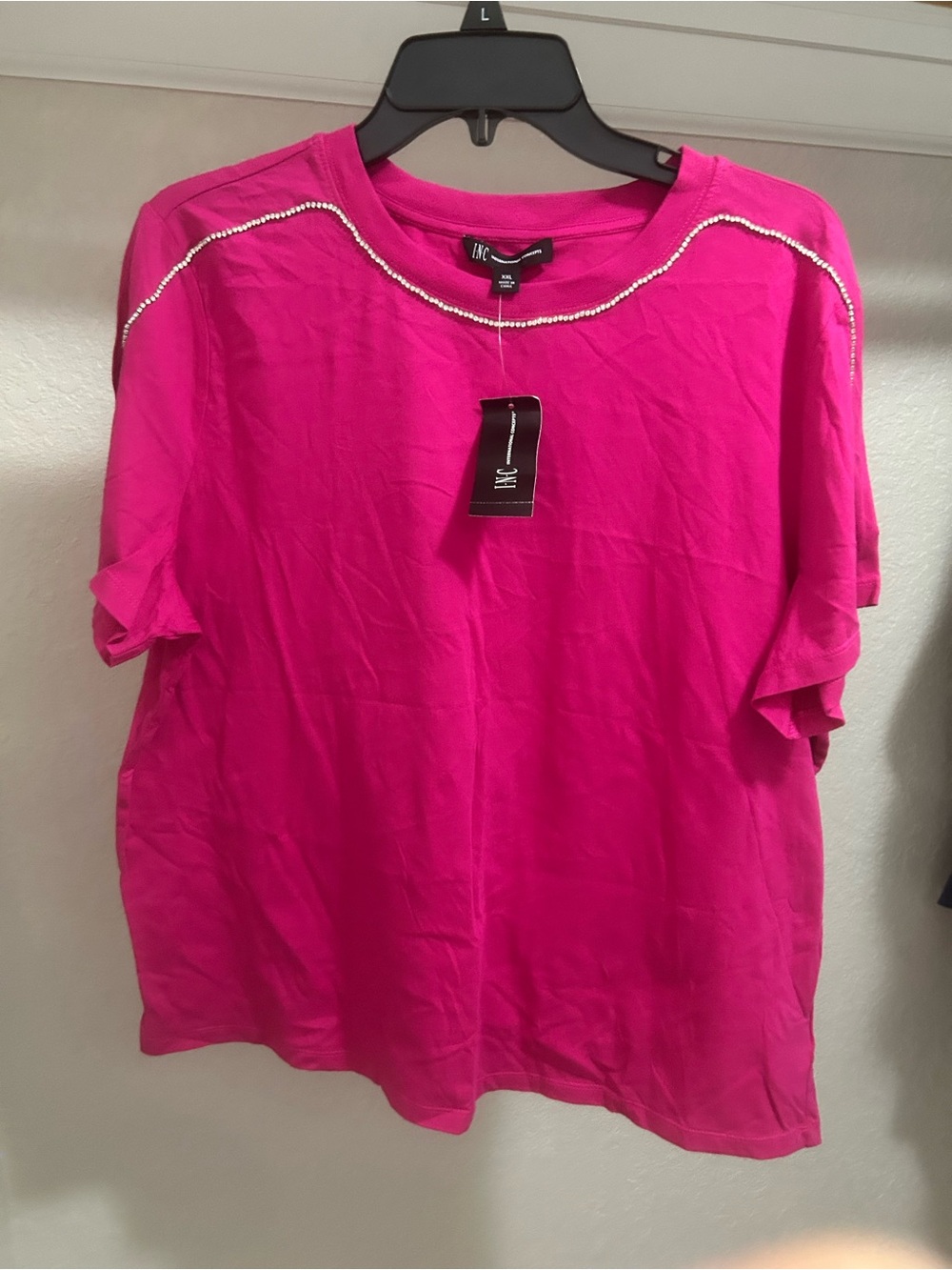 INC International Concepts Fuchsia Short Sleeve Top with Rhinestone Trim